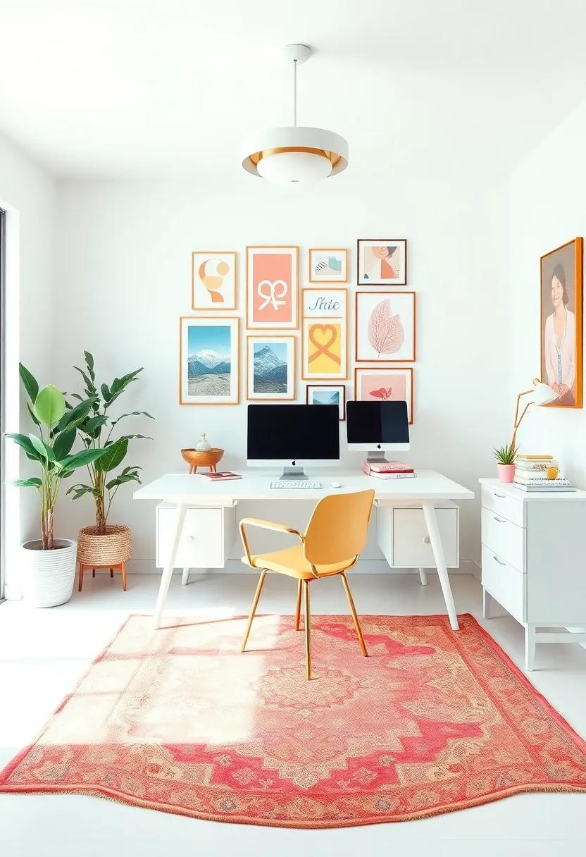 Bright ⁢Work Zone: Walk into a ‌cheerful home office defined by bright‌ whites and pastel accents, where a vibrant rug and an inspiring ⁣gallery wall invigorate the space