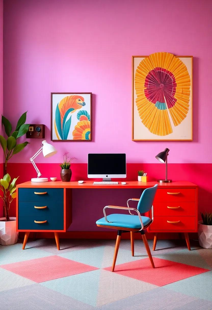 Retro Vibes with a Twist: Discover a workspace that embraces bold colors and geometric patterns, punctuated by a ⁤vintage credenza and vibrant wall art to⁢ spark ⁤creativity