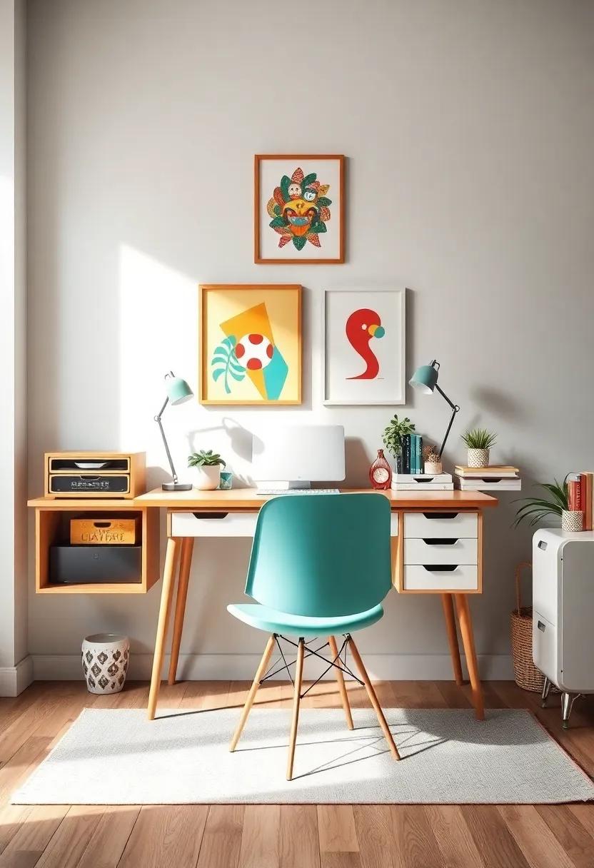 Retro Fun: ‌Take a peek into ⁣a playful⁤ office setup⁢ featuring colorful artwork, quirky‍ knick-knacks, and a‌ retro desk that brings ​a⁤ sense ​of joy to the everyday grind