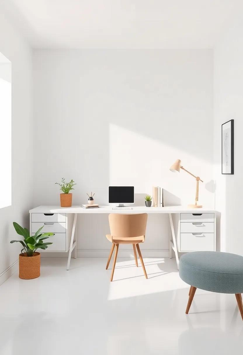 Minimalist Chic: Uncover ‍a serene office setup‍ that champions minimalism, featuring white walls, a simple desk, and carefully selected accent ‍pieces that create an inviting atmosphere