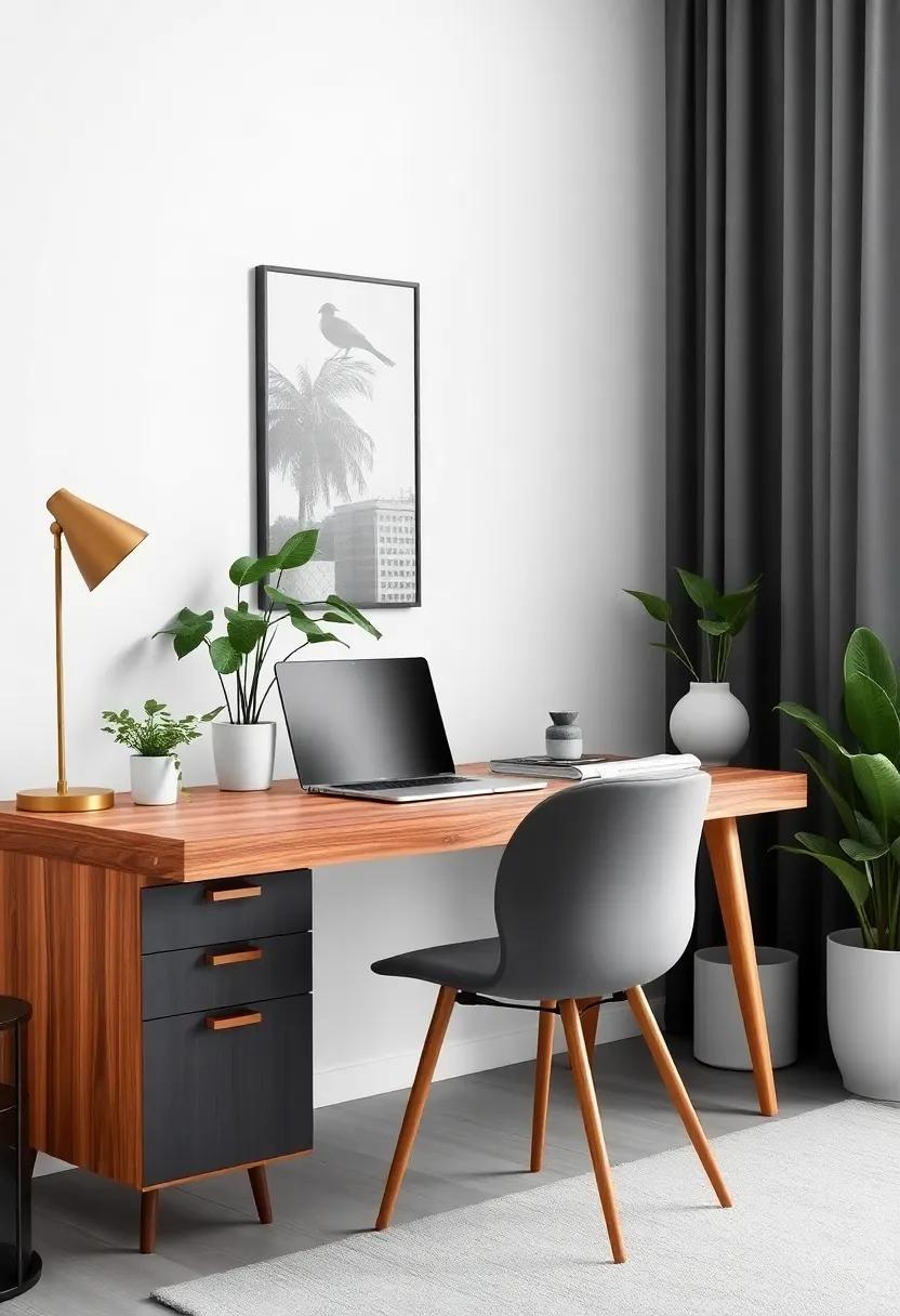 Sleek and Simple: Take a⁤ closer look at a monochromatic office setup that emphasizes clean lines and functionality, highlighted by a stunning wooden desk and a pop of⁤ green with ⁣indoor plants