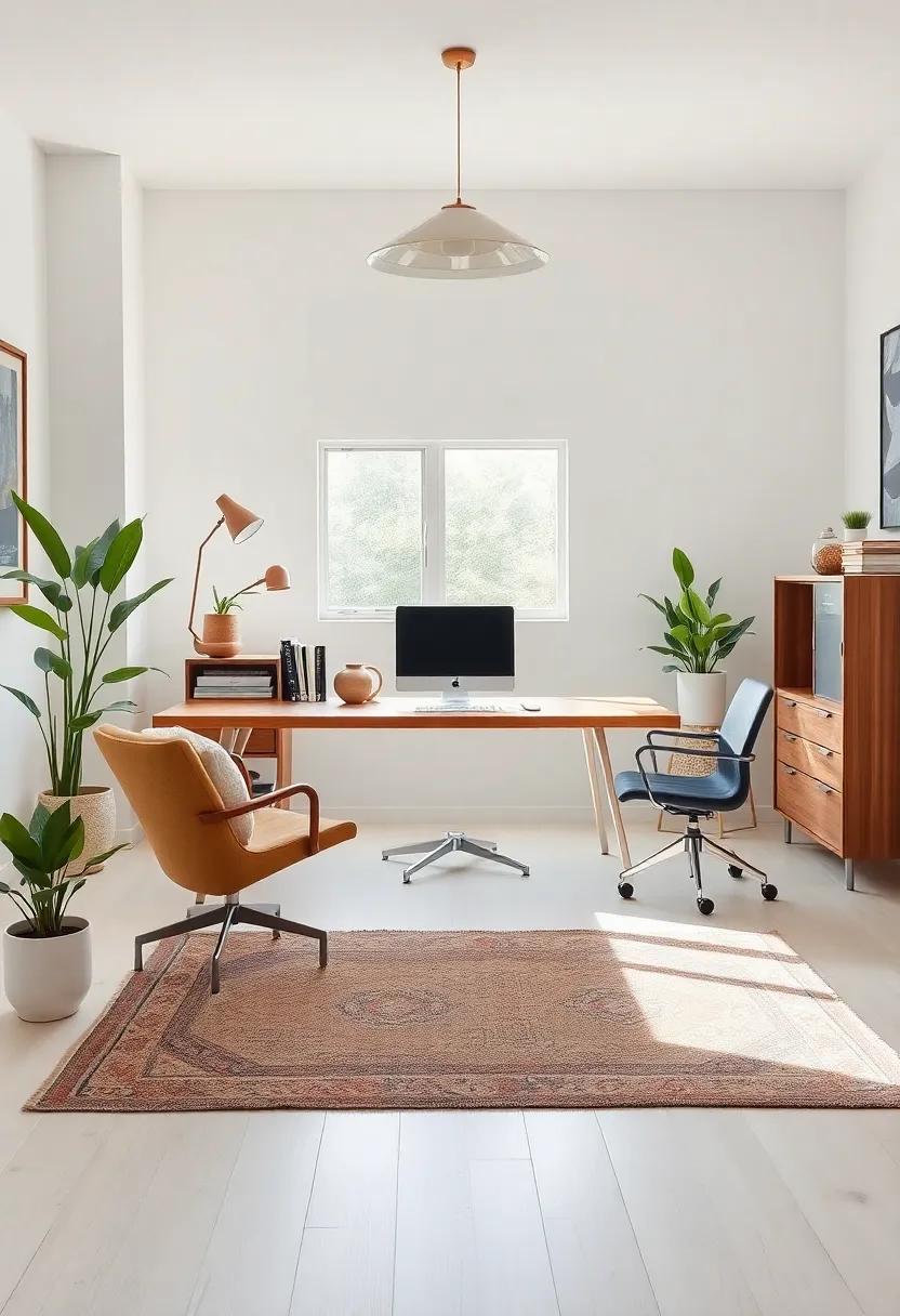 The ‌Perfect Blend: Find inspiration in a blended workspace that harmoniously combines modern furniture with antique decor, creating an eclectic yet cohesive atmosphere