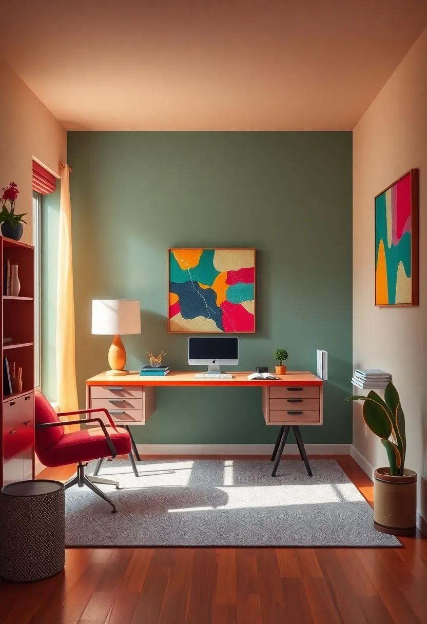 Bold Color⁣ Statement: step into a home office adorned with rich jewel tones, where a dramatic desk and colorful artwork command‌ attention and motivate a lively workflow