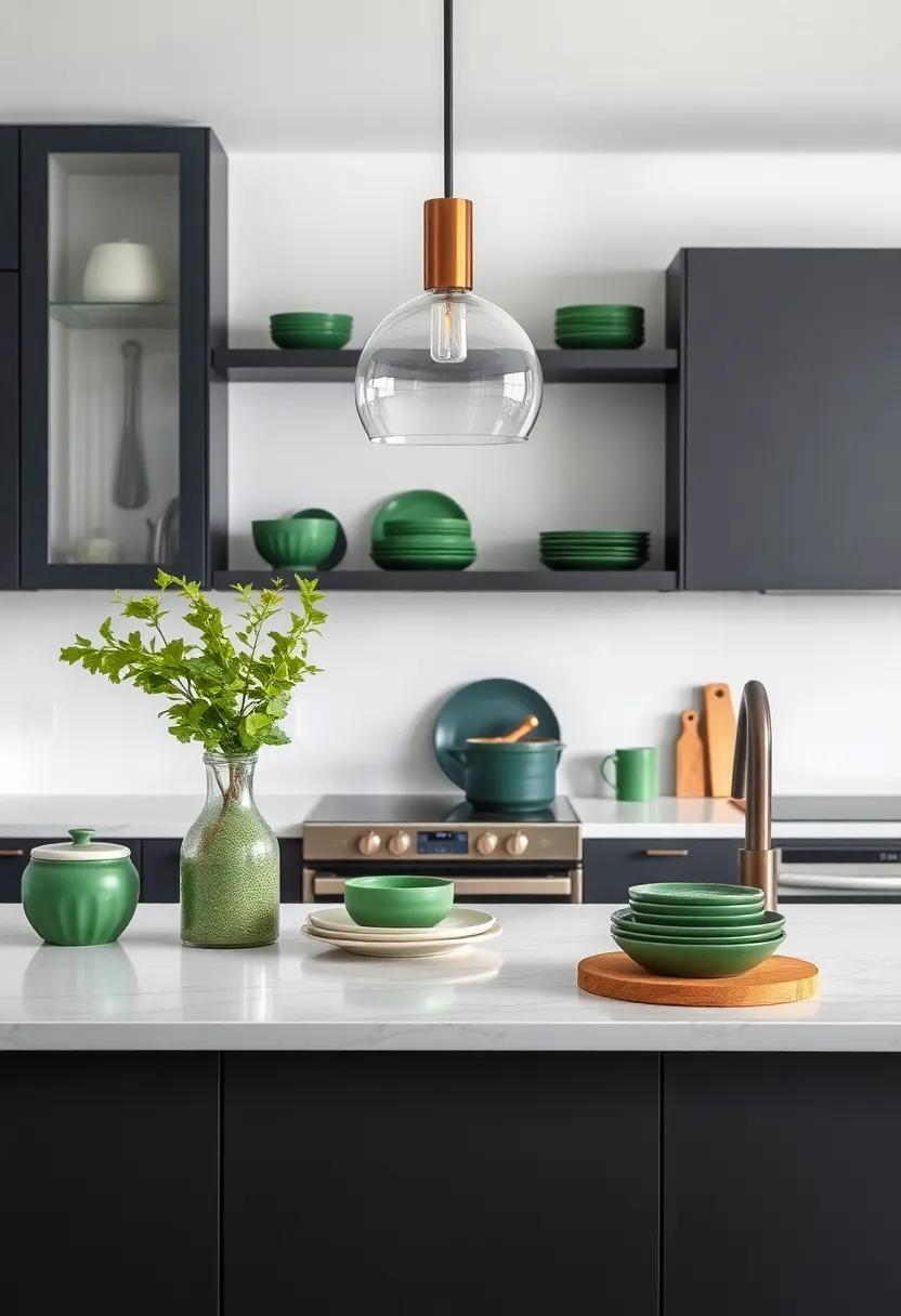 Chic ⁢Kitchen⁢ Accents:⁣ Use deep‍ green dishware or utensils⁢ against charcoal cabinetry to‍ create a⁤ stylish culinary​ environment ⁤that’s both functional ‌and visually‌ appealing