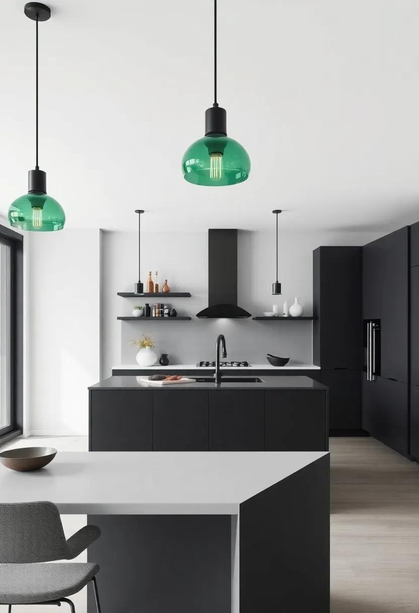 Elegant Lighting Fixtures: Choose deep green glass light ​fixtures to hang over charcoal kitchen islands,adding‍ a sophisticated glow and modern‍ charm to your cooking‍ space