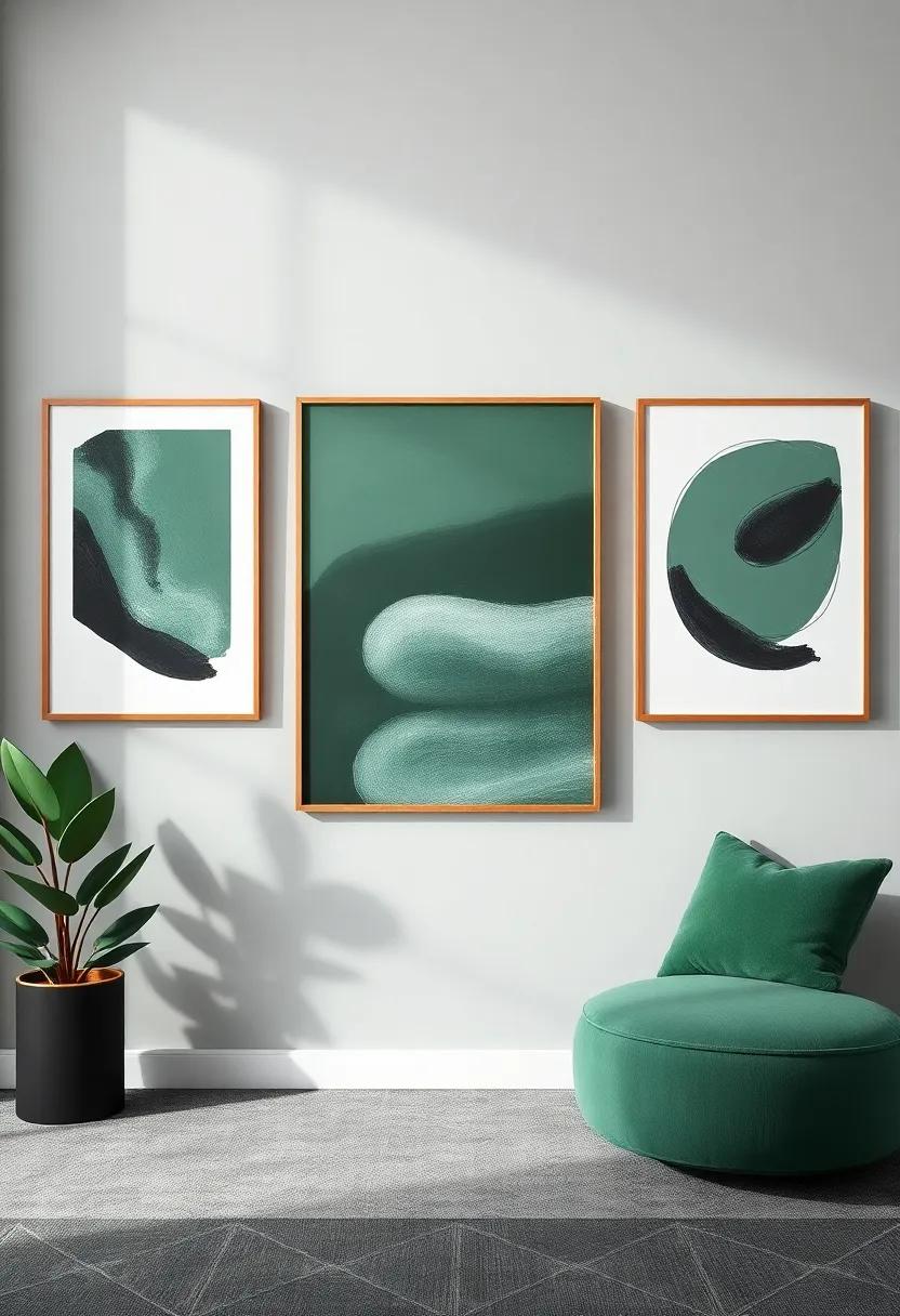 Wall‌ Art⁤ with Depth: Create a ​gallery wall⁤ featuring ⁣a‌ mix ⁢of deep⁢ green⁢ frames and charcoal canvases, adding dimension and creative flair to ⁢your space