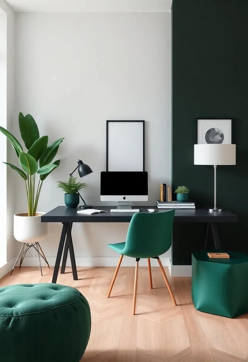 Sophisticated Office: ​Use a charcoal desk paired ⁤with deep green office ‍accessories to establish a workspace‍ that inspires‍ productivity and creativity
