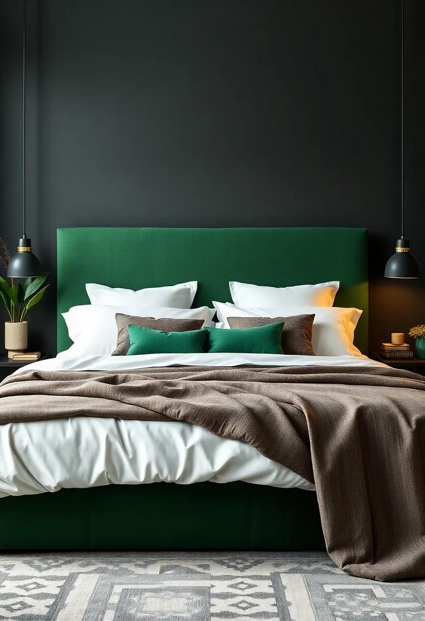 Vibrant Headboards: Choose ⁢a‍ deep green upholstered headboard ​for your​ charcoal⁢ gray bed frame⁤ to elevate your bedroom’s style‌ and provide a lush backdrop⁢ for your linens