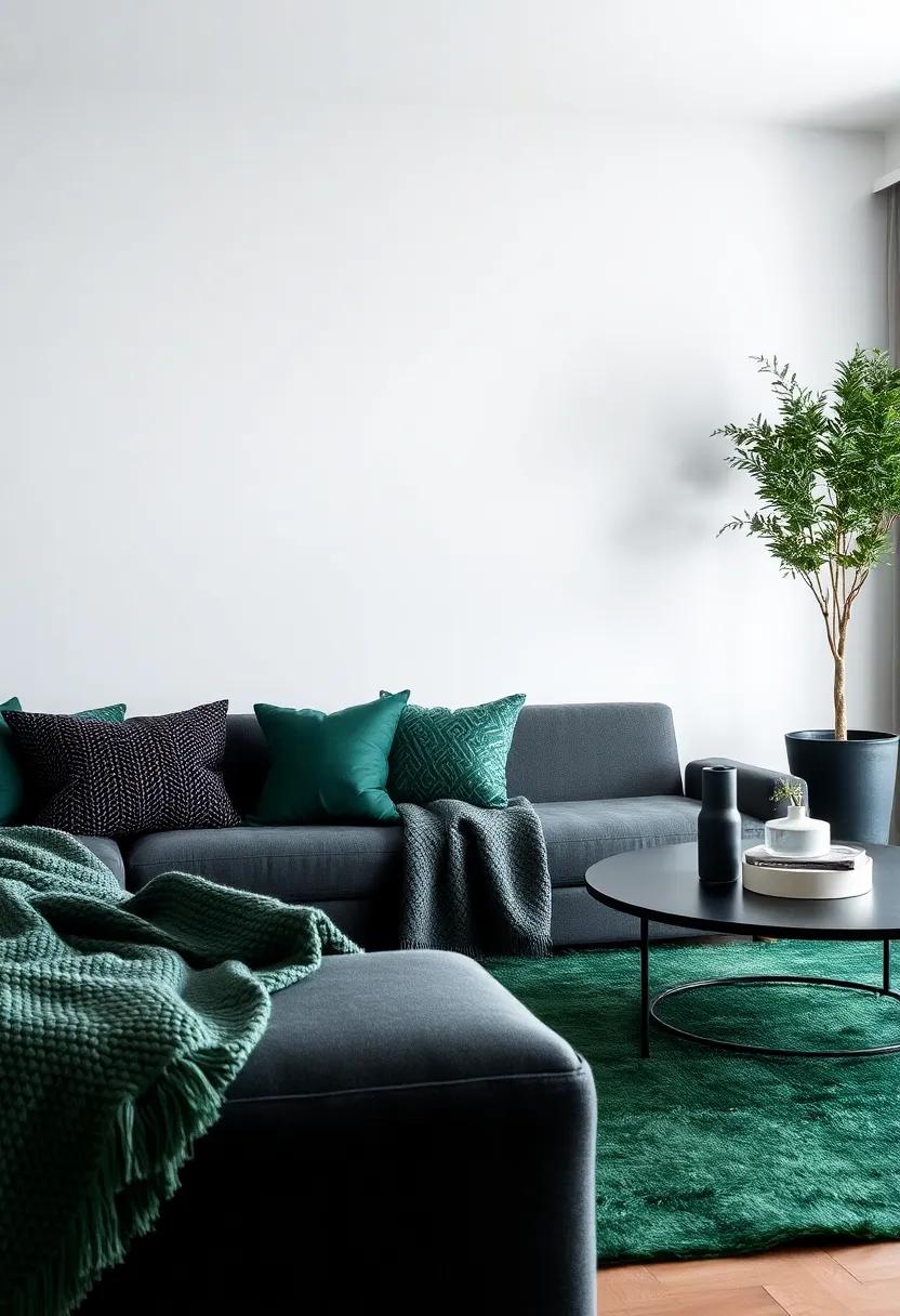 Textured⁣ Layers: Utilize textured throws and ‍rugs in deep⁤ green hues​ atop charcoal-colored⁢ furniture to create a layered and inviting aesthetic in⁤ your⁢ living space