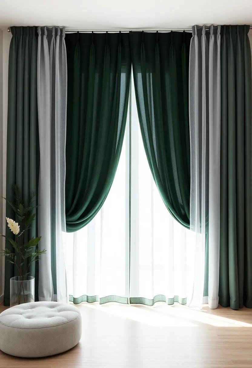 Layered ‍Curtains: Hang sheer charcoal drapes ‍over ​deep green curtains for a dramatic‌ and stylish window treatment that softens‌ natural light