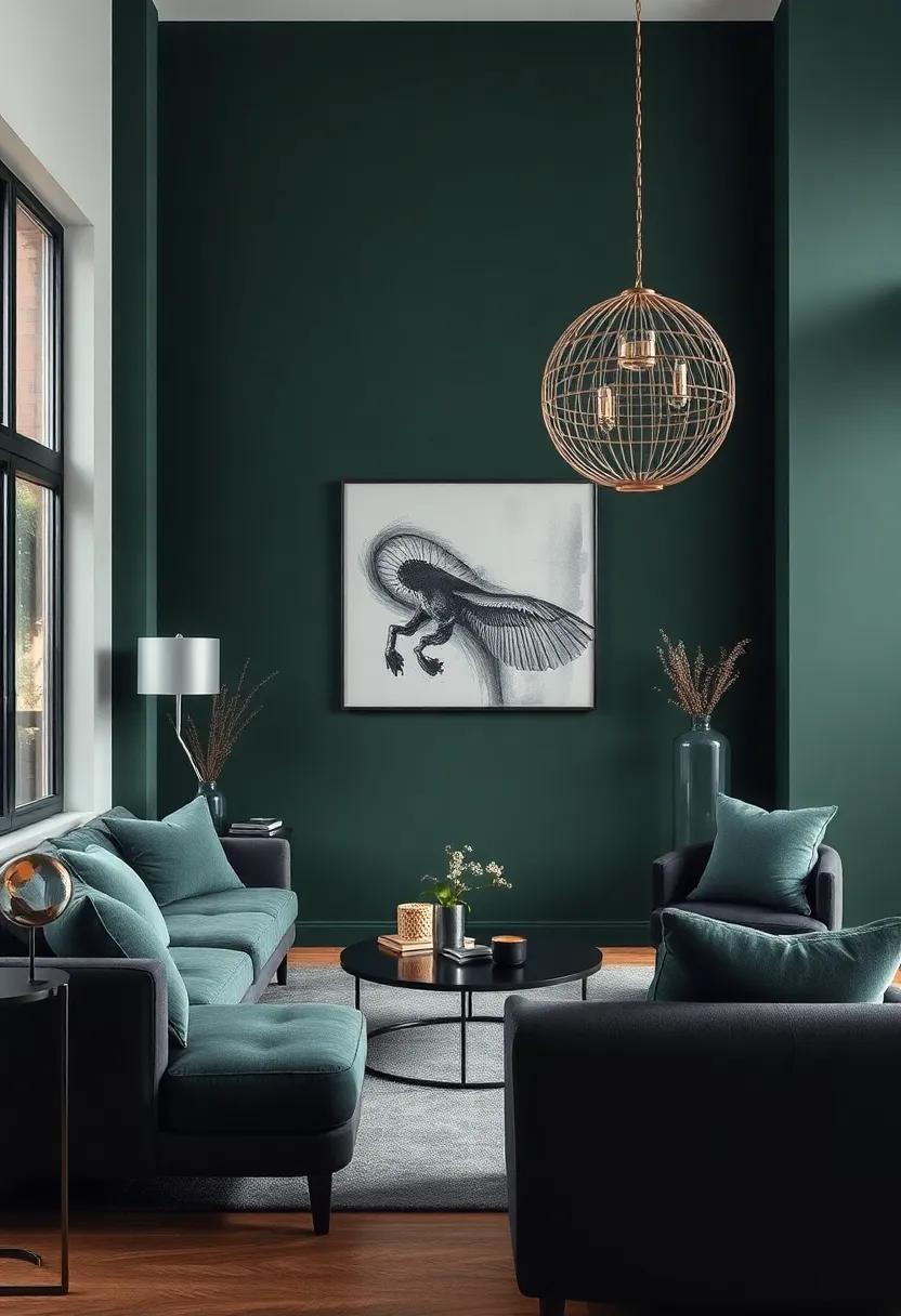 Accent Walls: Paint ‍a feature wall ⁢deep green in a room with charcoal‍ furnishings⁣ to create a dramatic yet harmonious‌ space⁢ that feels modern ‌and chic