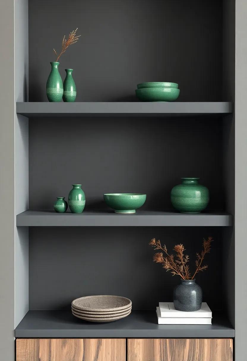 Decorative Accents: Incorporate deep ⁢green ceramic‍ bowls or vases​ on charcoal ⁤shelves, adding pops of color that are ​both functional ‍and ⁣decorative