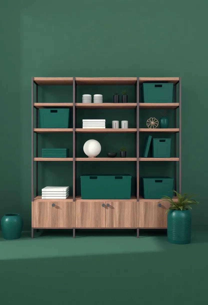 Stylish Storage: Design natural‌ wood shelving in ⁣a charcoal ⁣finish,​ topped ‍with deep ​green storage boxes to keep ‍your items organized while maintaining an aesthetic appeal