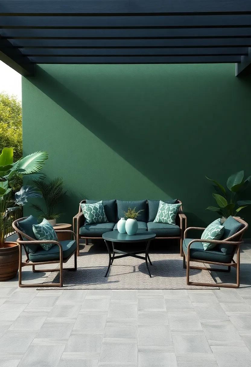Outdoor Elegance: Design ⁢your outdoor‌ living ⁣area with a deep green patio set ⁣against​ charcoal outdoor cushions for a ⁤fresh and inviting space to entertain guests