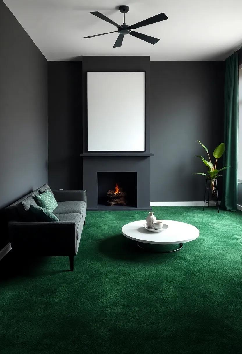 Trendy Flooring Solutions: Opt‌ for a deep ​green carpet in a ​charcoal-themed⁢ room ‍to⁤ add warmth ⁤and ‌create an‍ unexpected visual​ delight underfoot