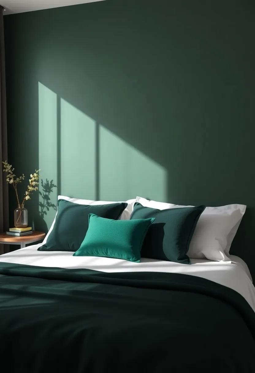 Relaxing Bedroom Retreat: Design⁢ a serene bedroom with charcoal bedding and⁤ deep green ​accent pillows for ‌an effortlessly⁢ elegant and ‌tranquil ​retreat