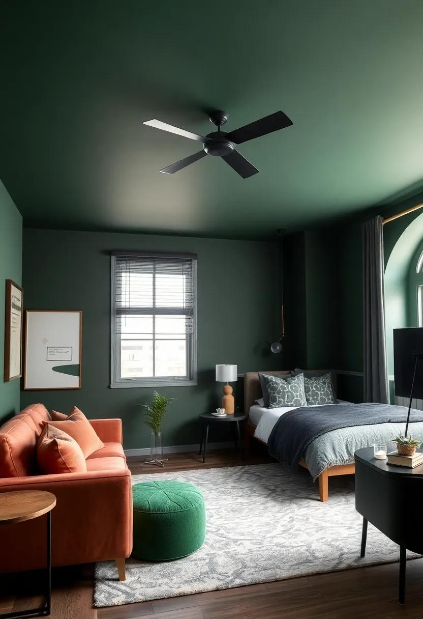Striking ‌Ceiling Colors: Paint your ceiling deep ​green⁢ while keeping walls in‌ charcoal for an eye-catching, bold ⁢statement that ⁣adds height‍ and character to‍ your room