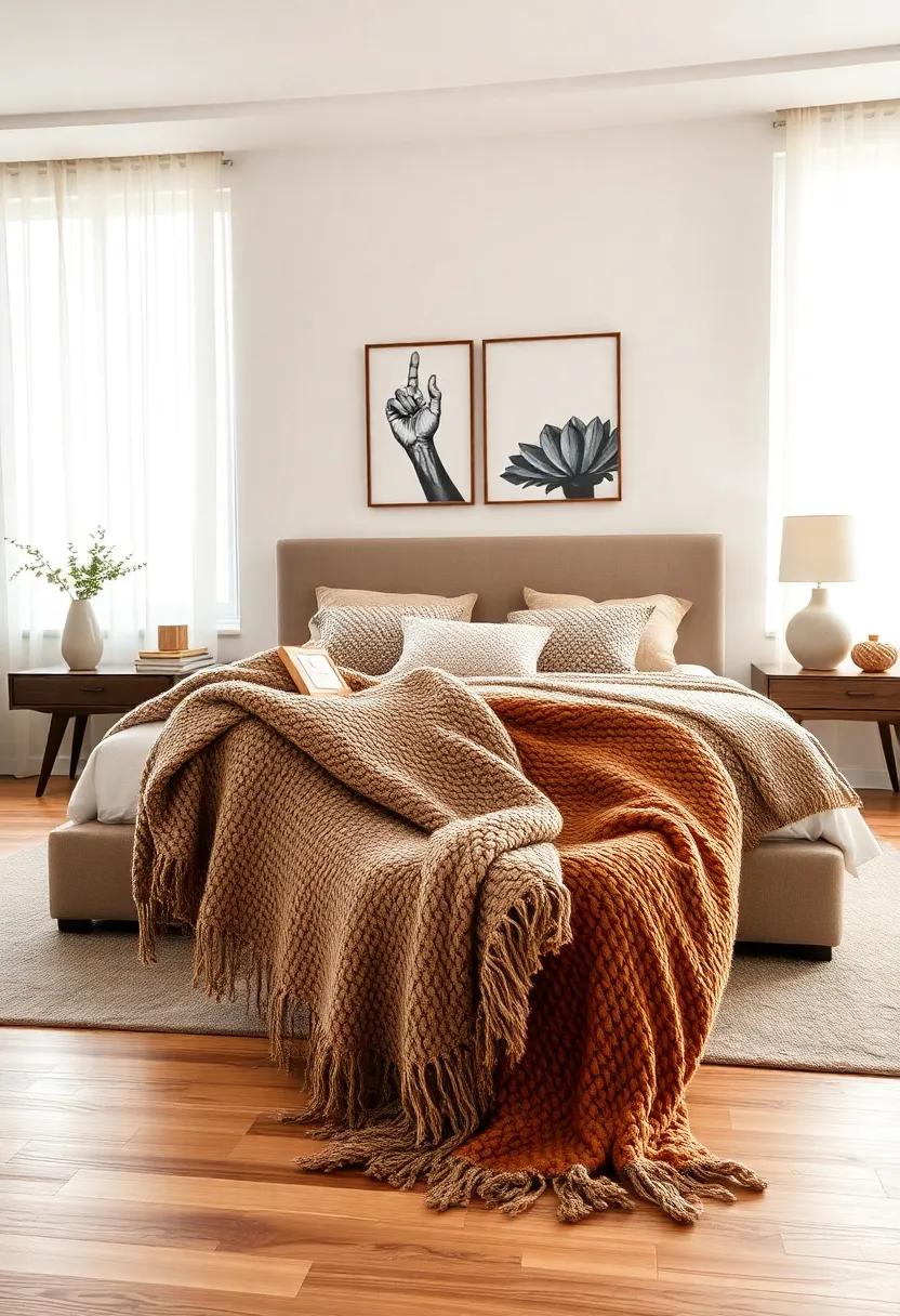 Textured Throws: Drape textured or chunky knit blankets over your bed or chair to add warmth and ⁣dimension to⁣ the⁣ decor