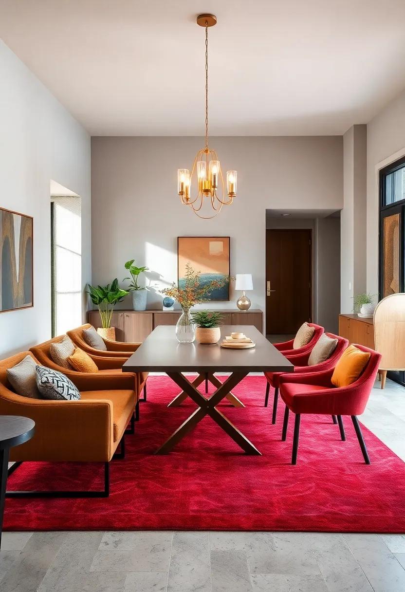 Use a bold area rug to anchor the space and bring together ​different colors and patterns in your‌ dining room decor