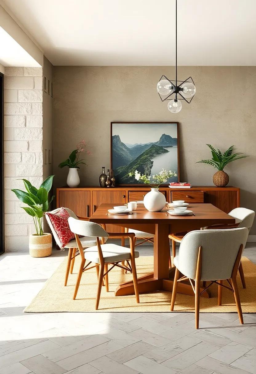 Employ creative storage solutions, like a vintage dresser transformed into a sideboard, for a stylish yet functional touch