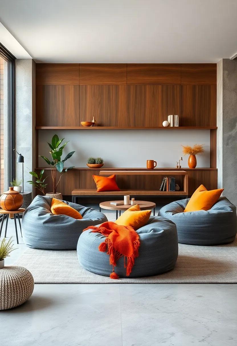 Opt ​for Gray Bean Bag chairs with Muted Amber Cushions for a Fun and Modern Kids’ Area