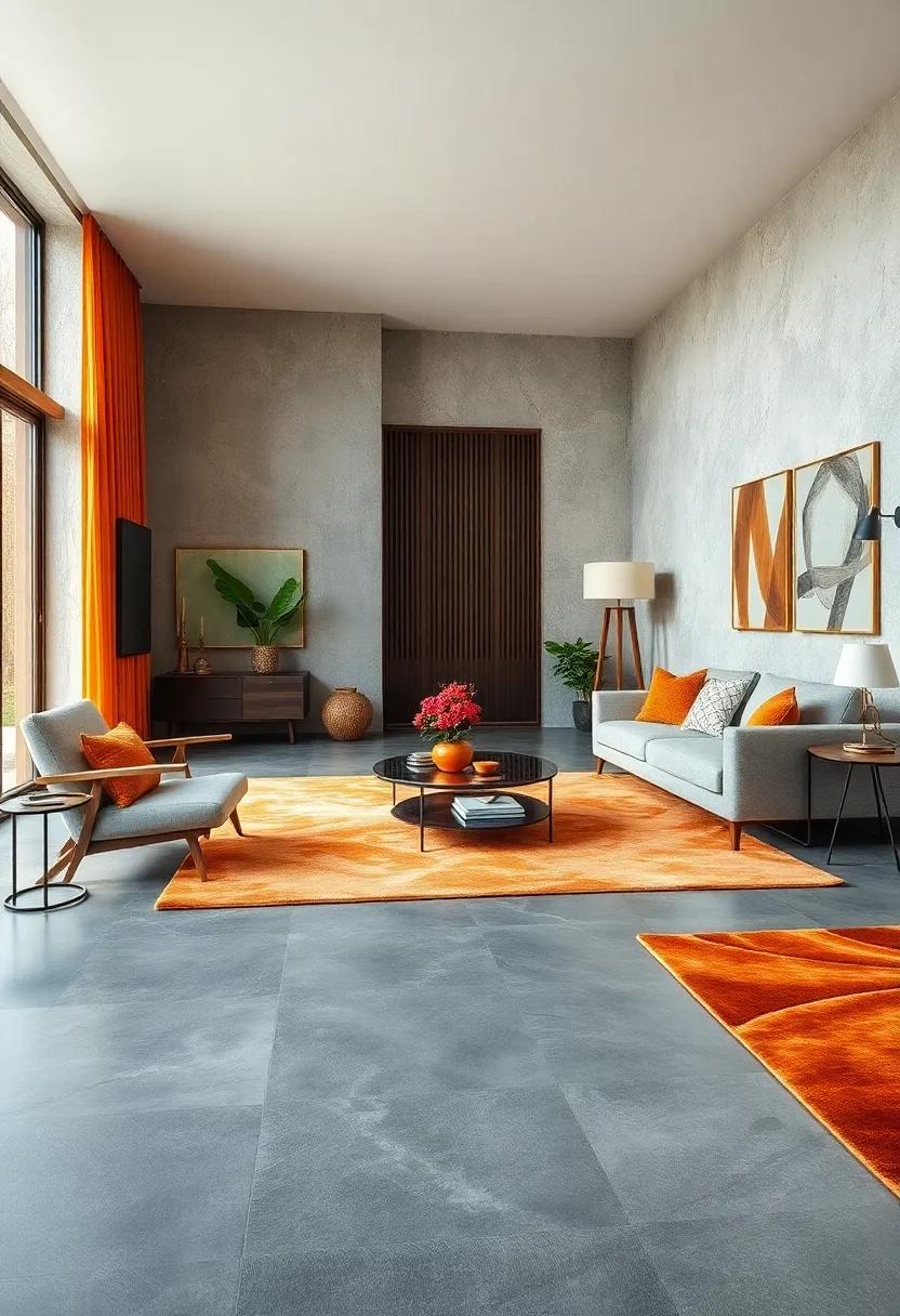 Select a Gray ⁤Floor with Muted ‌amber ‍Rugs ​for Warmth and Comfort underfoot