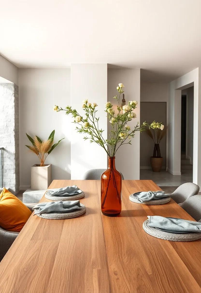 pair ‌Muted Amber‌ Vases with Gray Fabrics for a Beautiful Centerpiece on Your Dining Table