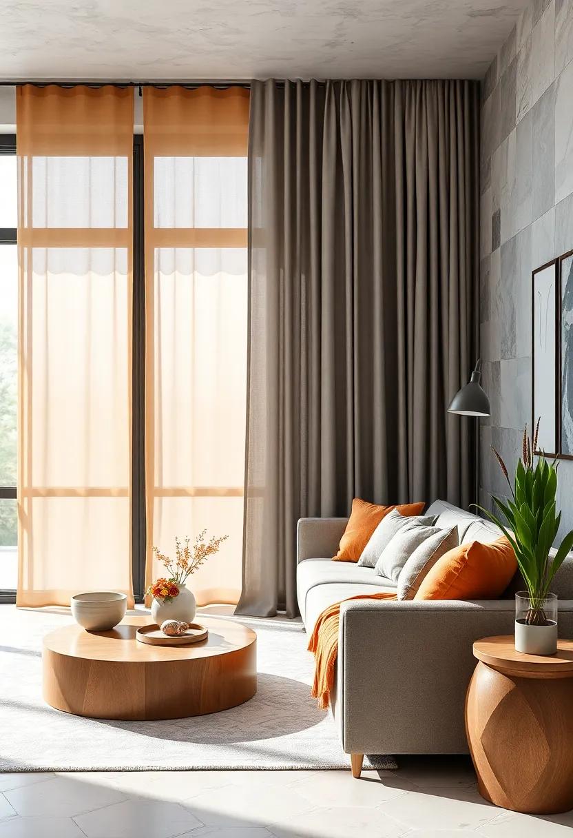 Hang Gray Sheers Over Muted Amber Blinds to Soften Natural Light ⁤Filtering into Your Space