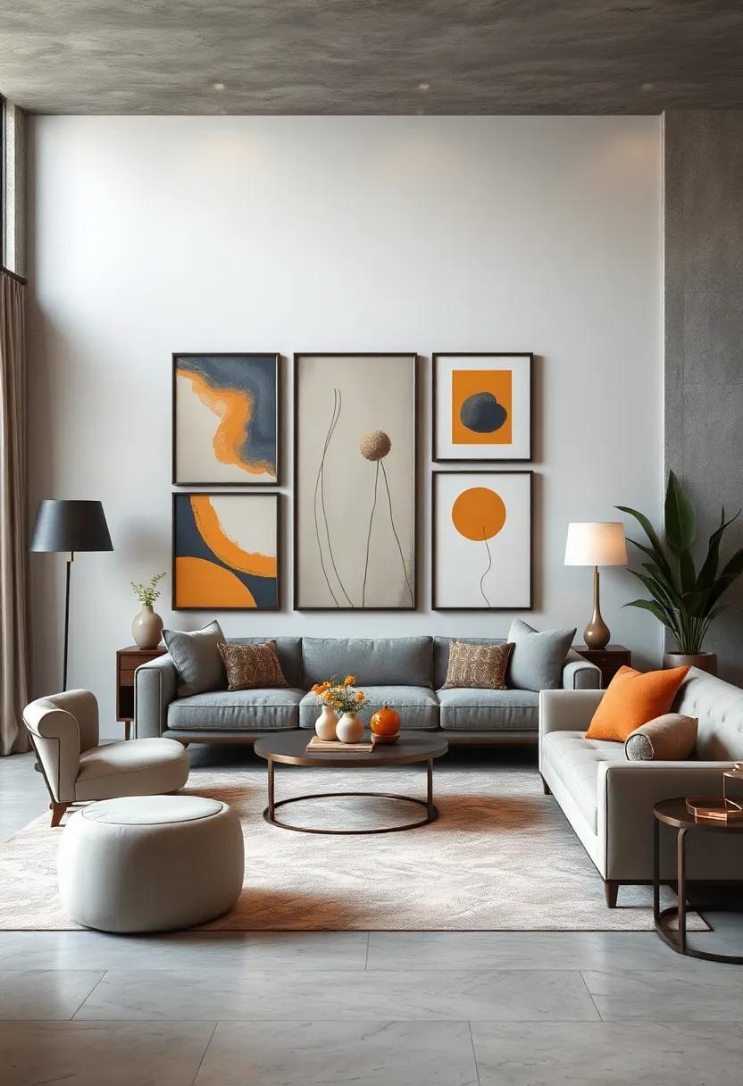 add Gray Framed artwork that Features Hints of Amber ‍for a Cohesive gallery Wall