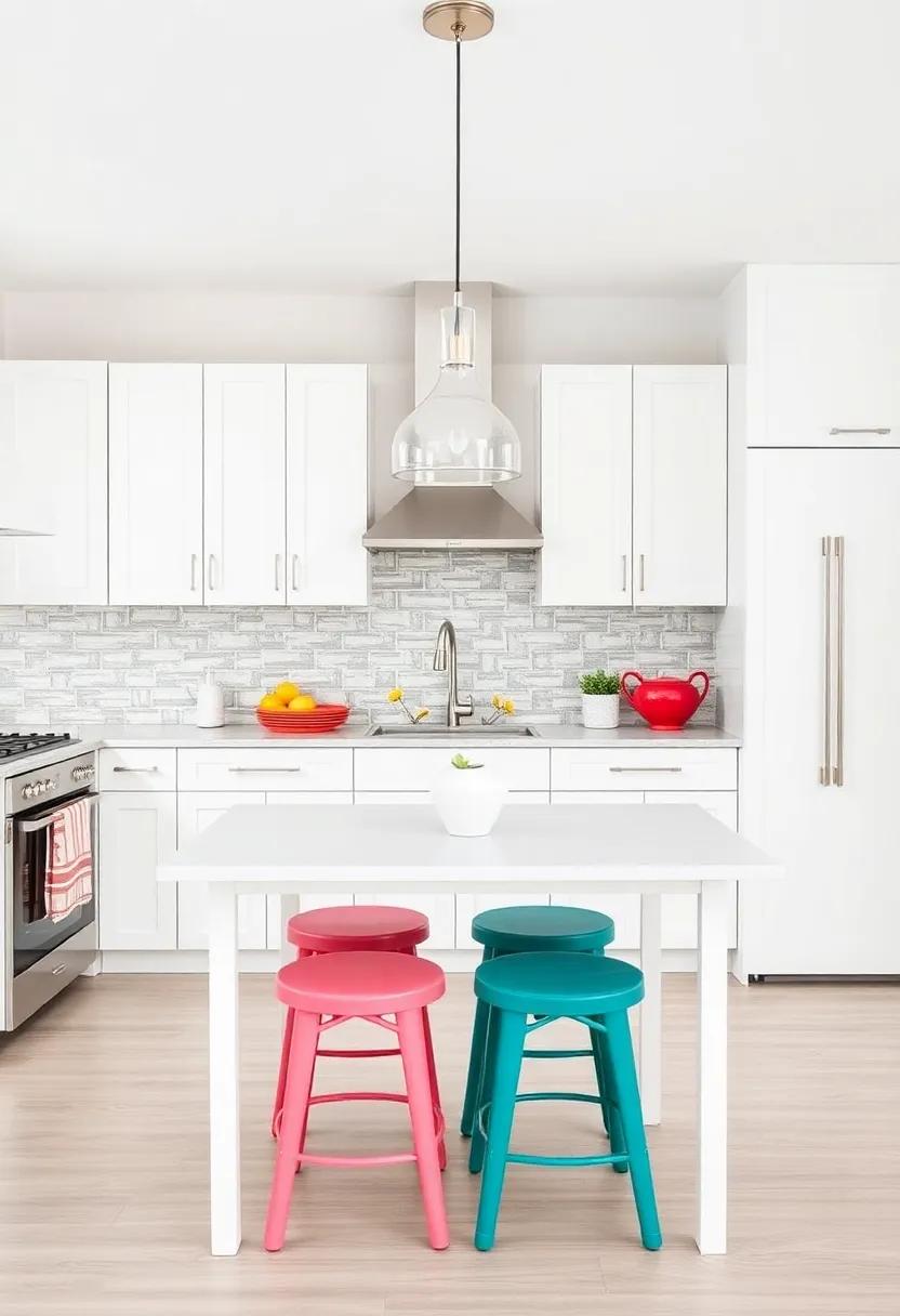 Color Pop Dining: Use off-white cabinets as⁣ a base to introduce⁤ pops ⁤of color through stools and dining​ table decor,⁢ creating a fun atmosphere