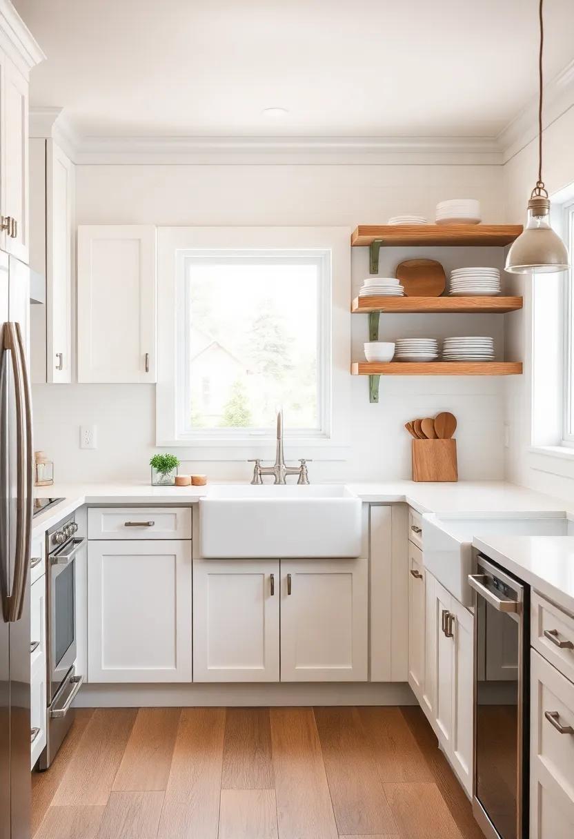 Farmhouse ⁤Fresh: Achieve a charming farmhouse feel by pairing off-white cabinets with rustic elements like open shelving, vintage dishes, ​and farmhouse sink
