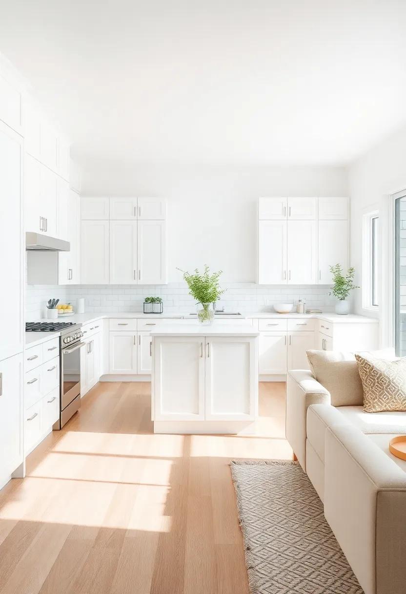 Open Concept Bliss: Use off-white cabinets to seamlessly connect your kitchen with adjoining living spaces in an open concept home, promoting unity and flow