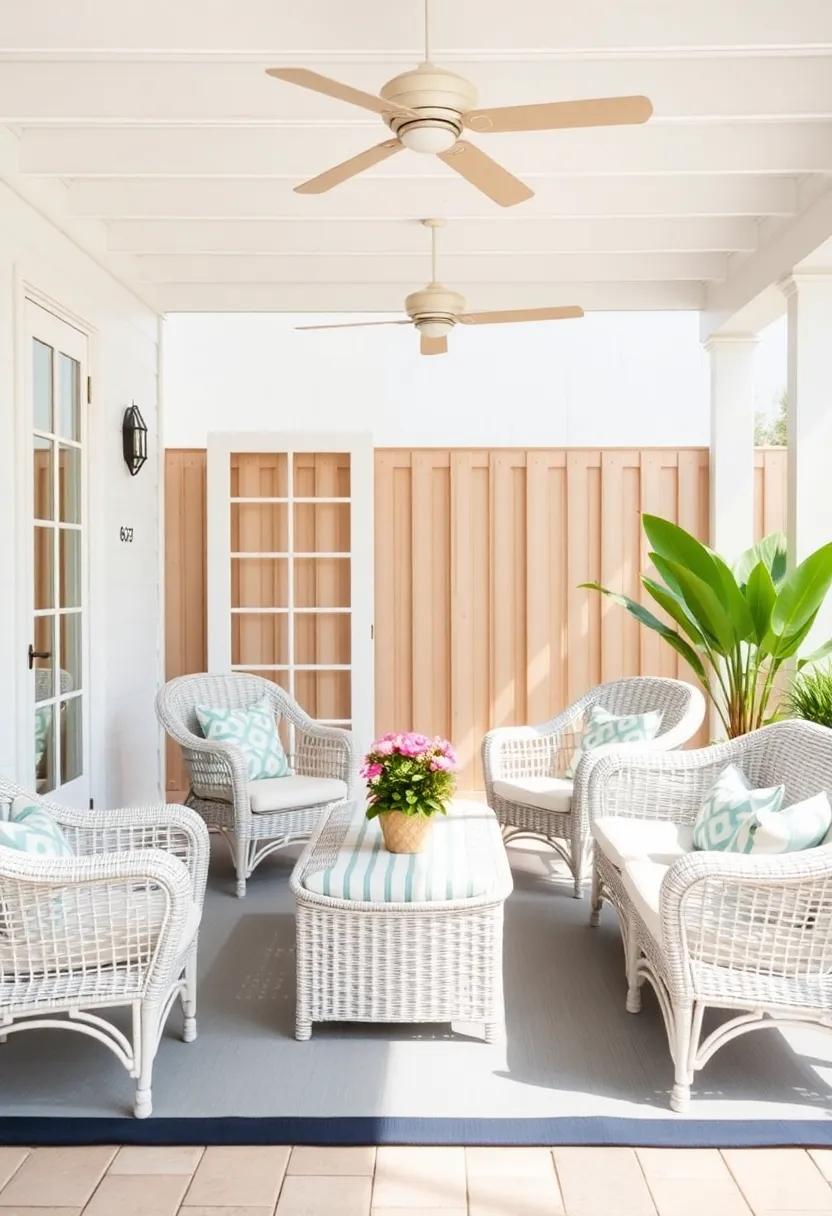 Coastal Vibes: select light-colored wicker ⁣furniture, complemented by nautical decor and ocean-themed ‍accessories, to establish a breezy seaside ambiance