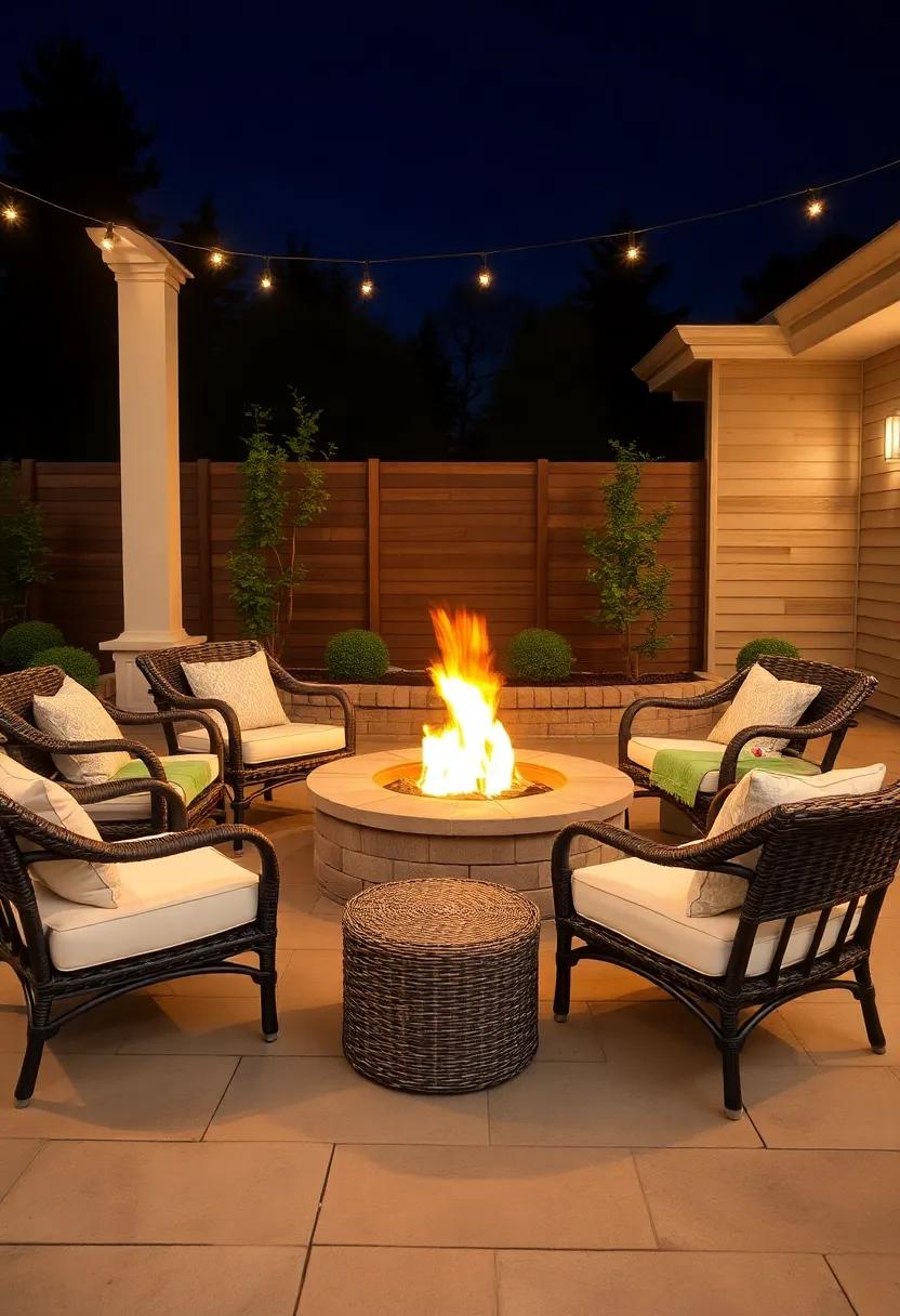 cozy Fire Pit Oasis: Arrange wicker seating around a stylish fire pit, complete with ⁣plush cushions and ambient ‌lighting for a​ warm gathering spot