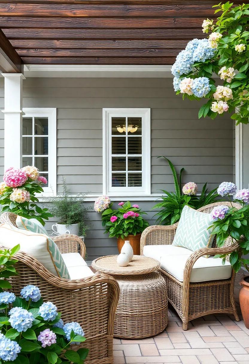 Hydrangea Haven: Surround wicker seating with flowering plants like hydrangeas, offering pops of color and fragrant blooms that embellish your patio