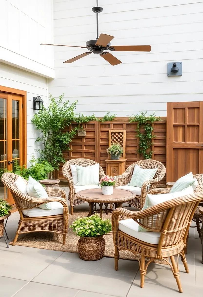 Rustic Farmhouse: ‌Bring in weathered‍ wicker along with wooden accents to create a charming farmhouse‌ look that ⁤combines comfort with rustic elegance