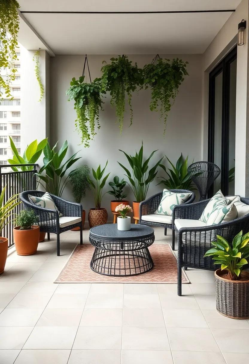 Urban Jungle: Accent your balcony with potted plants and hanging greenery, paired with dark wicker⁣ furniture to form a modern urban ​oasis