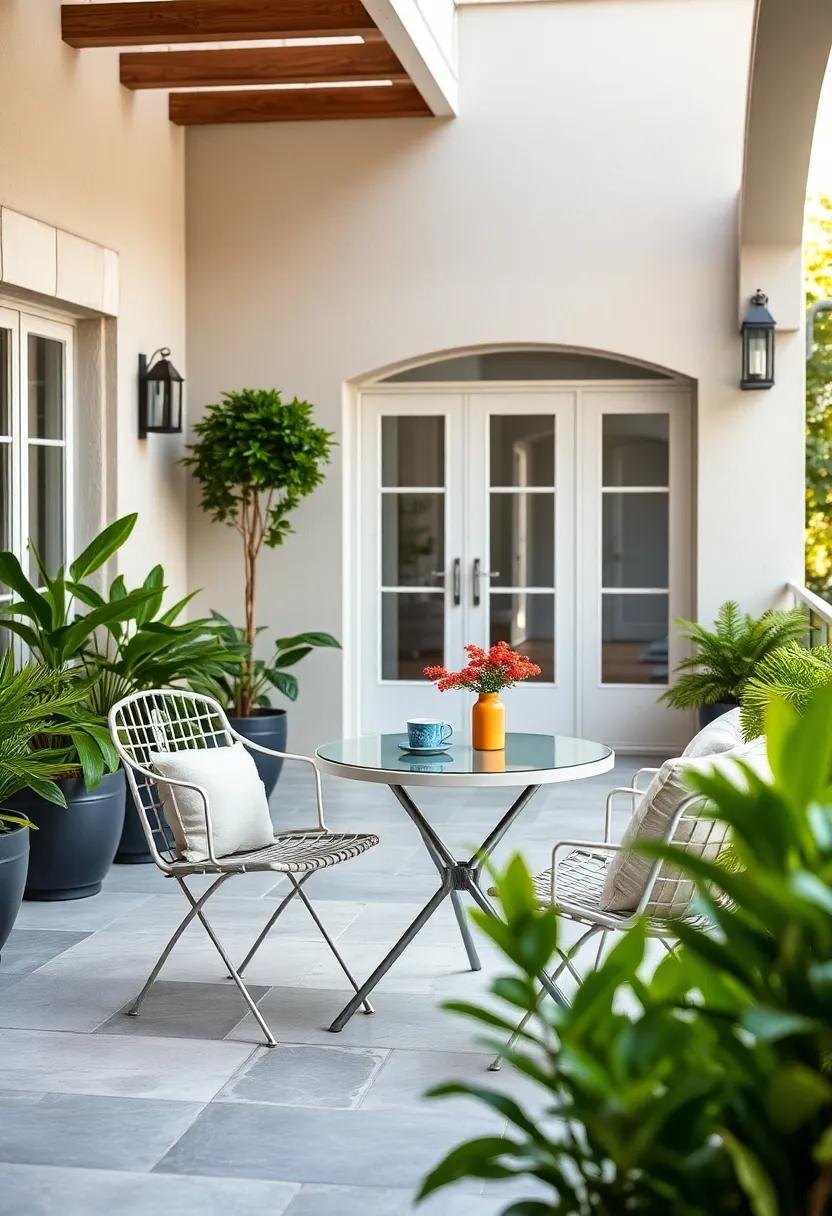 Bistro Set: A charming bistro set featuring aluminum ‍chairs and a table⁤ is ideal for small balconies or intimate outdoor dining‍ experiences