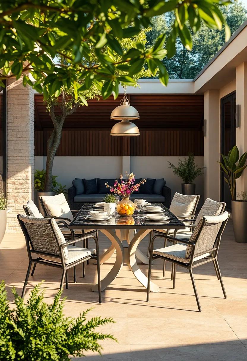 Dining Table​ with Chairs: An aluminum​ dining table paired with stylish‍ chairs creates a ⁢robust outdoor dining space for family meals and entertaining​ guests