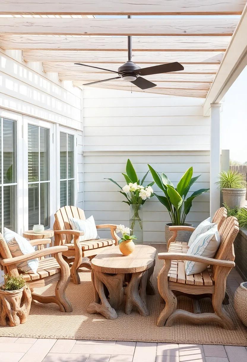 Coastal Vibes: Use weathered driftwood for a seaside feel, perfect for beach homes and patios inspired by water’s edge aesthetics