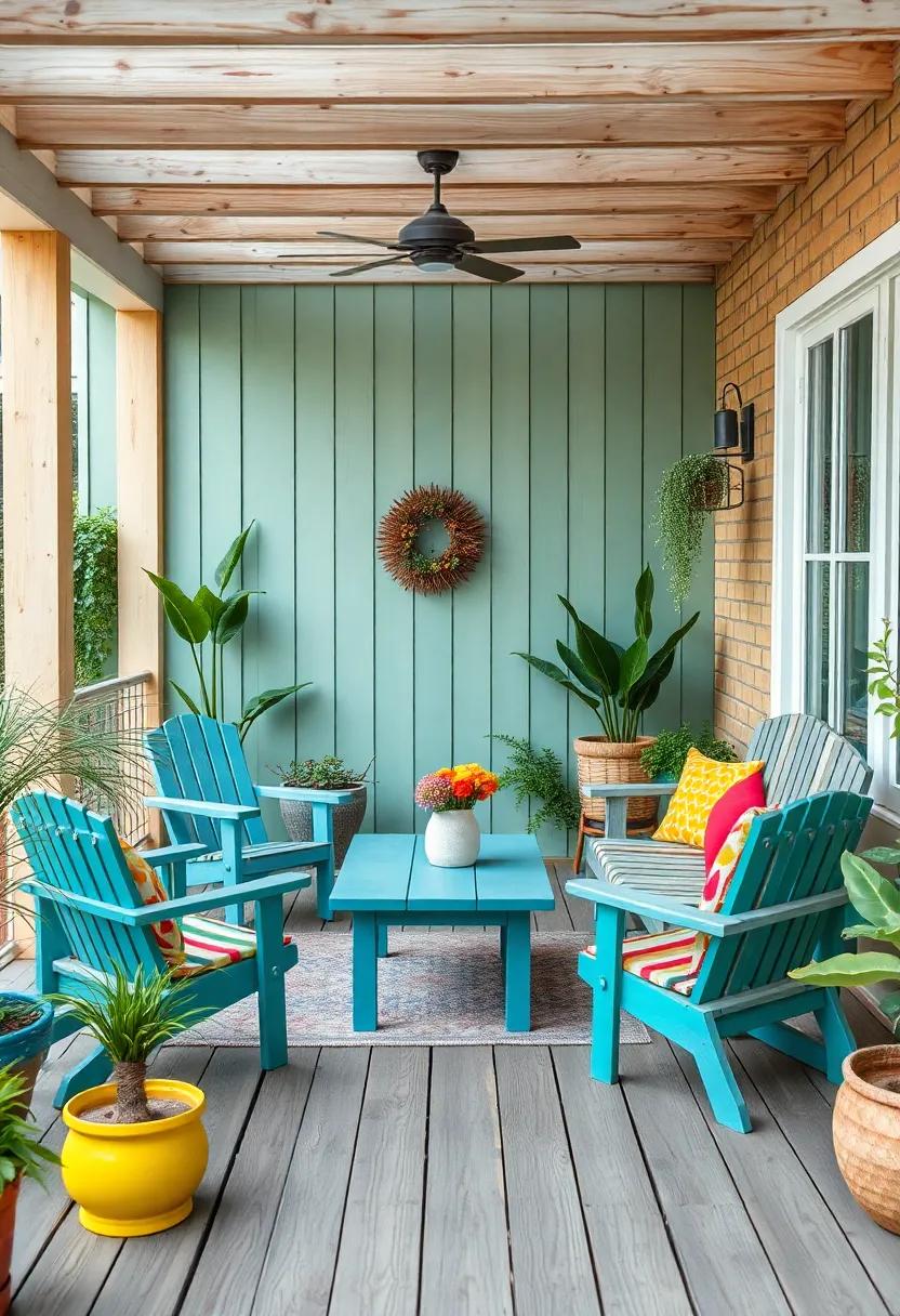 Colorful Accents: Experiment with painted wooden furniture pieces amid your natural wood for a splash of color that livens up the patio ambiance