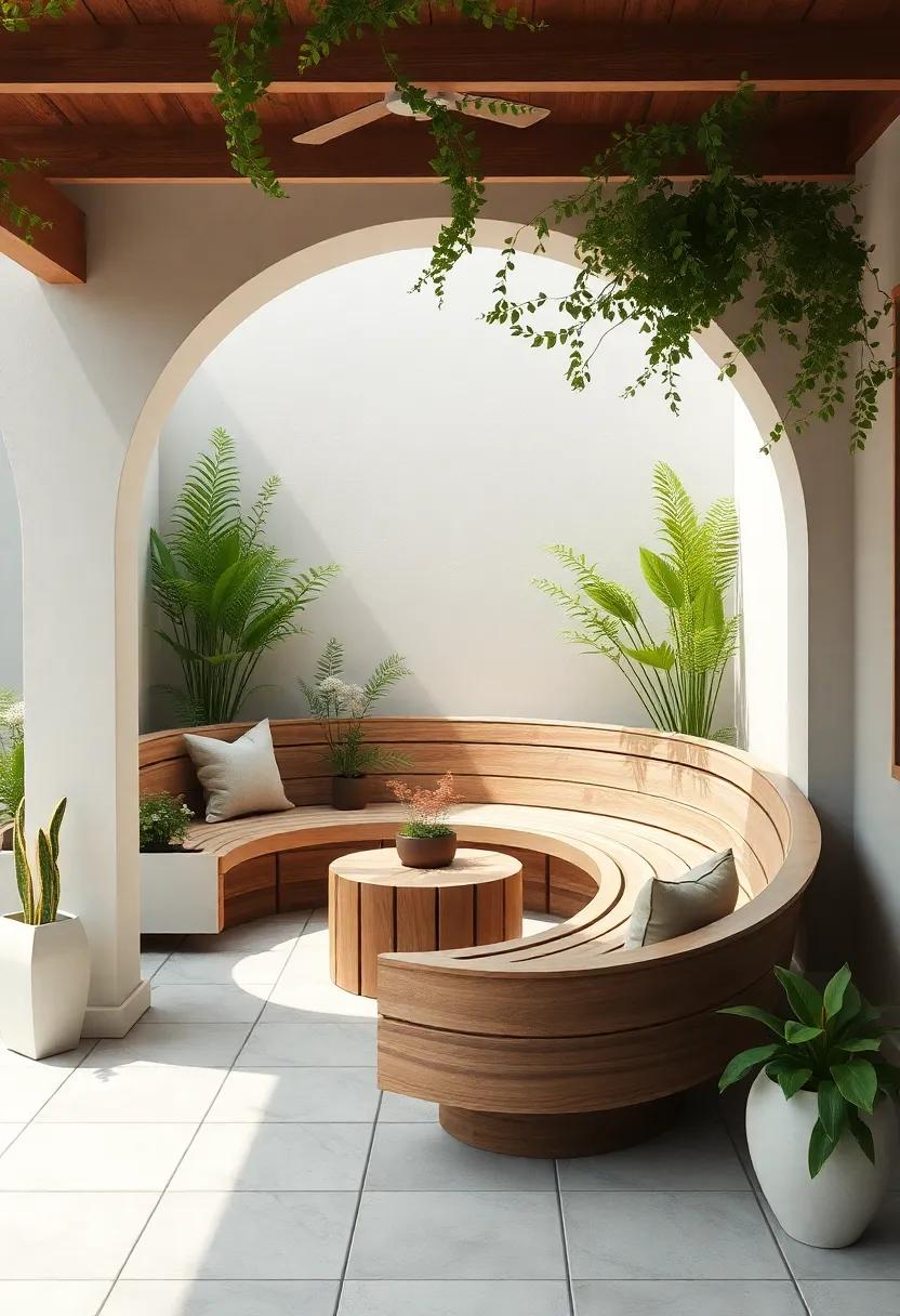 Cozy Nooks: Establish intimate seating corners with curved wooden benches nestled within lush greenery, creating a private retreat feel