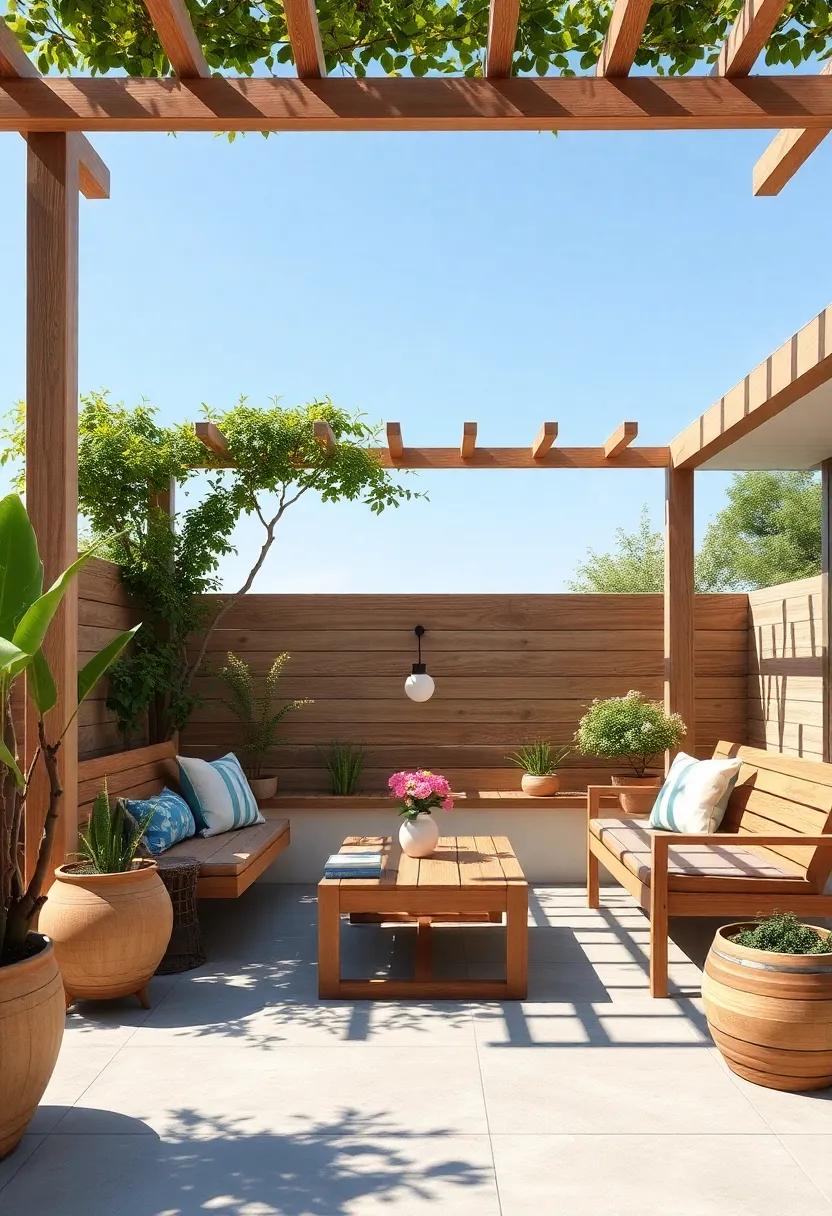 Elevated Aesthetic: Add a pergola or trellis above your wooden seating area, offering shade and an elevated space that feels like a garden retreat