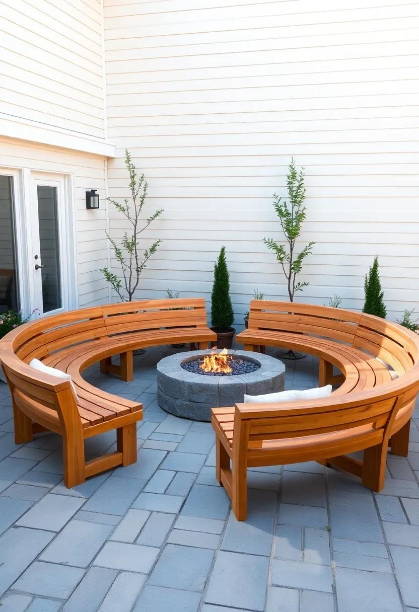 Fire Pit Integration: Create a circular seating arrangement using wooden benches around a fire pit, fostering warmth and togetherness during cooler evenings