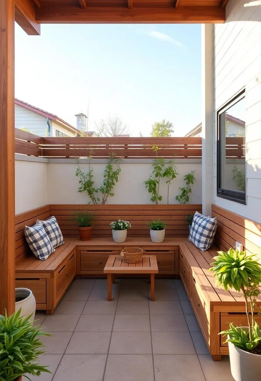 Integrated Features: Opt for built-in wooden seating with storage underneath, allowing for both functionality and style in your patio design