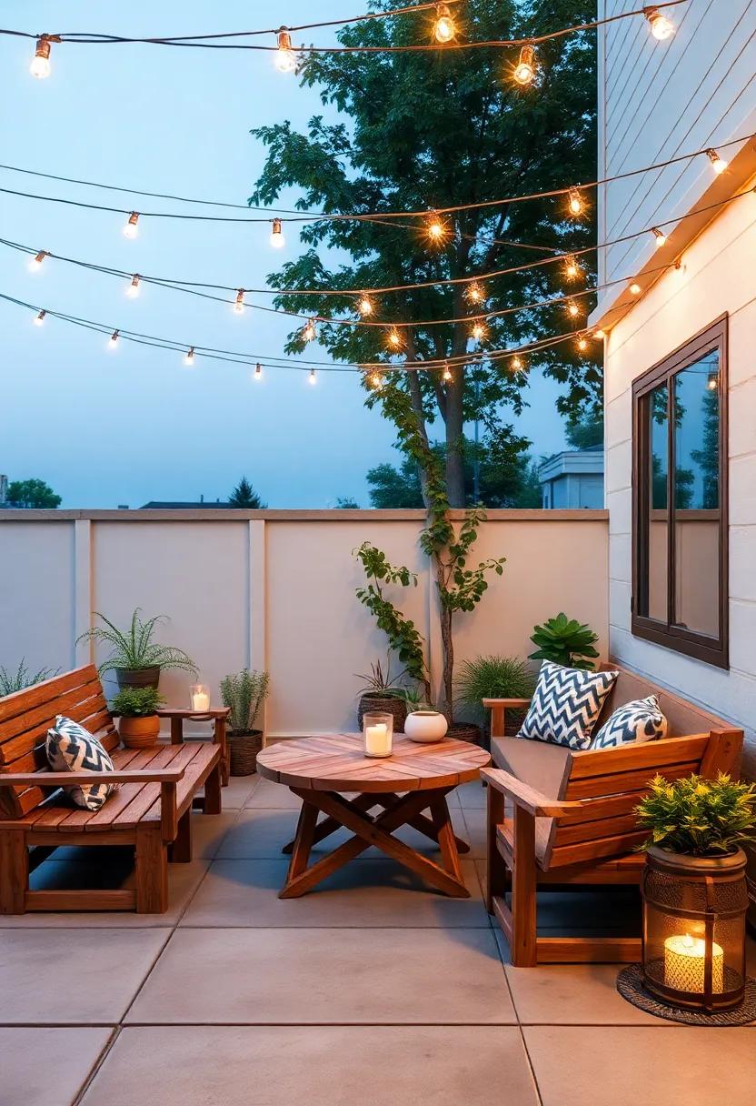 Layered Lighting: Install soft string lights above wooden seating areas, creating a cozy atmosphere that enhances evening gatherings