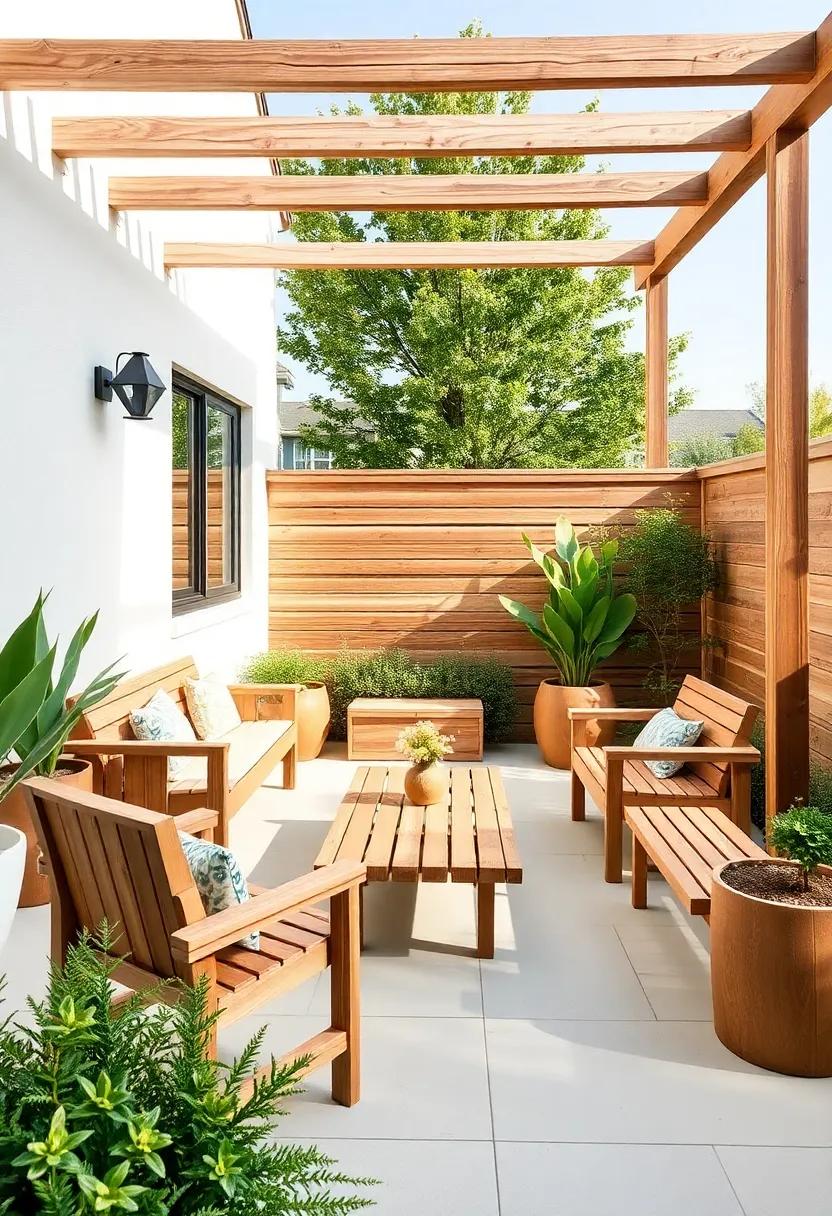Go Minimalist: Choose sleek, modern wooden seating with clean lines that enhance the beauty of your outdoor space without overwhelming it