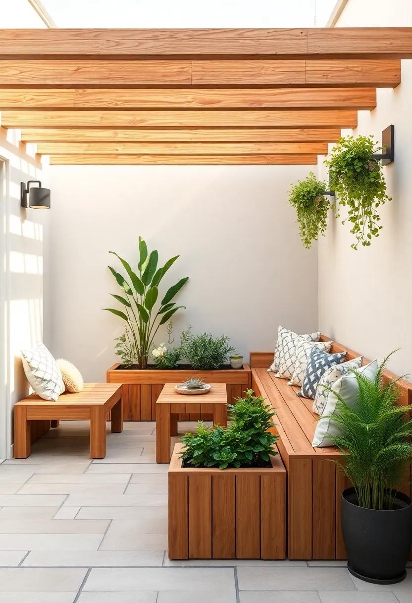 Planter Incorporation: Design wooden seating that includes built-in planters or herb boxes, blending style with functionality and a touch of greenery