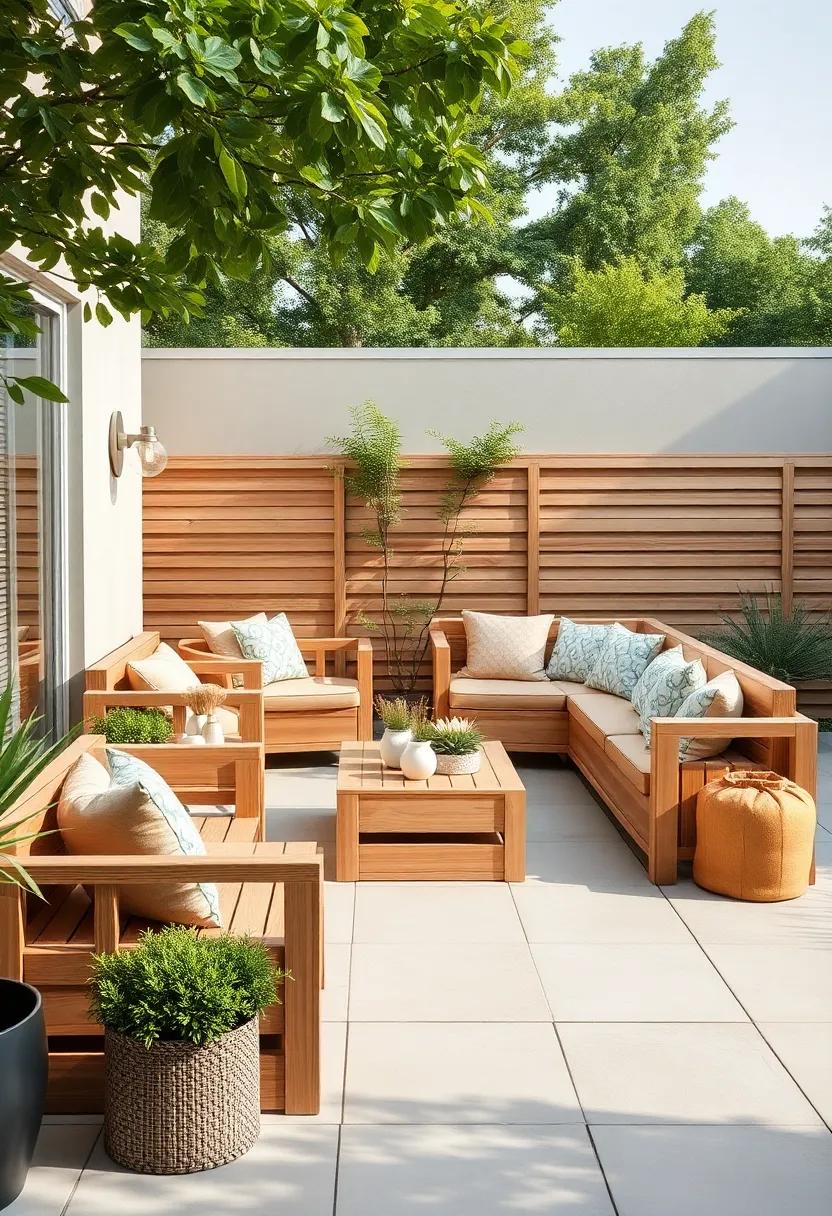 Seasonal Transformation: Incorporate modular wooden seating that can be easily rearranged or updated with cushions to reflect seasonal changes and themes