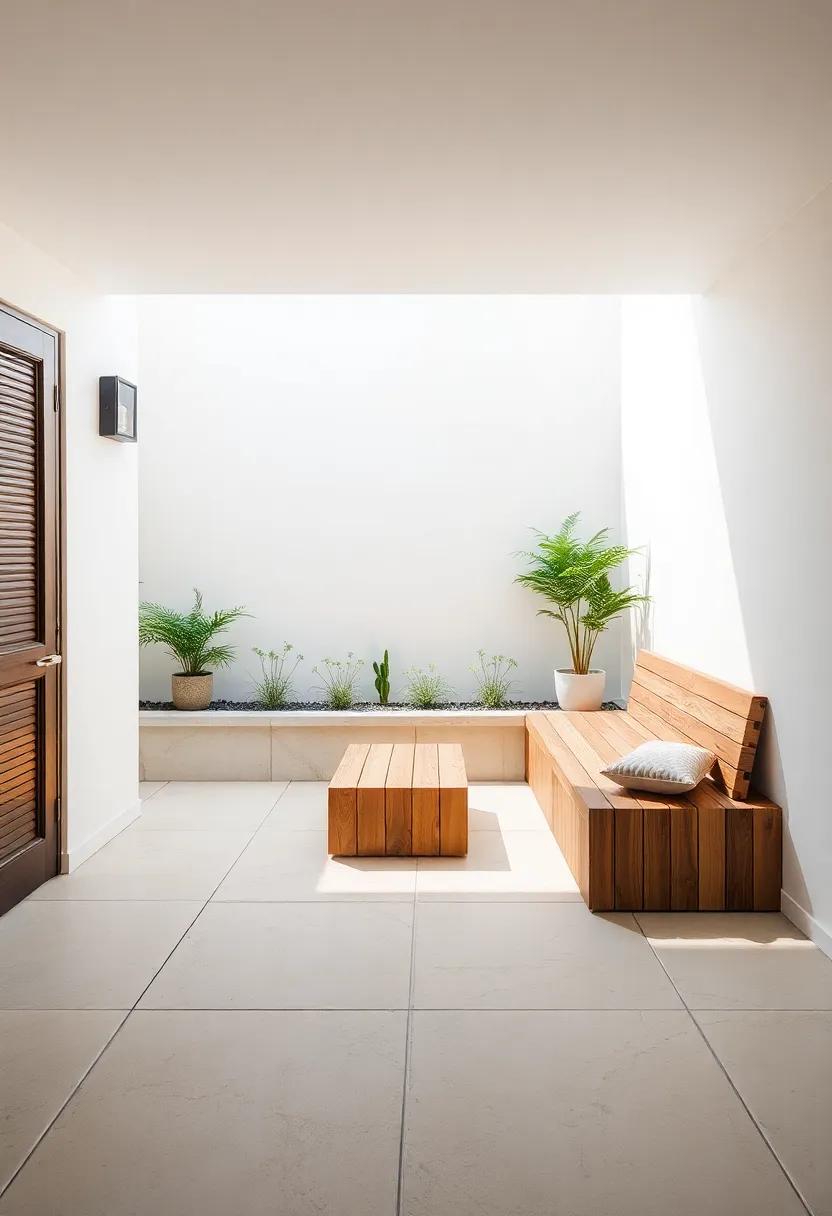 sunken Seating: Consider a sunken patio design with built-in wooden benches, allowing for a more dramatic entrance and intimate environment